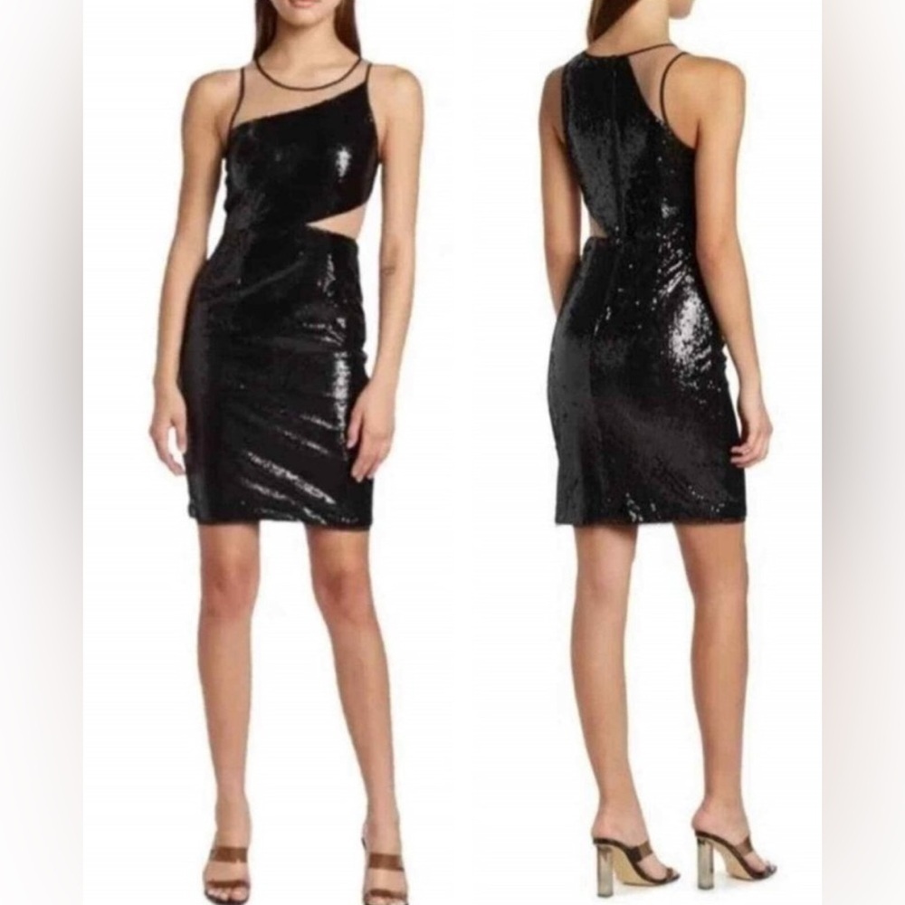 Toccin Sequin Cutout Mesh Cocktail Embellished Sleeveless BodyCon Mini Dress NEW